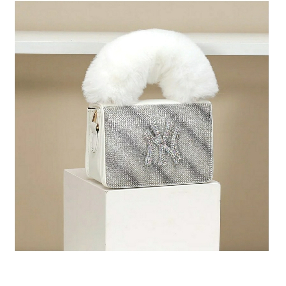 NY Bling clutch purse with Fur Puff Shoulder Bag and Wrist bag